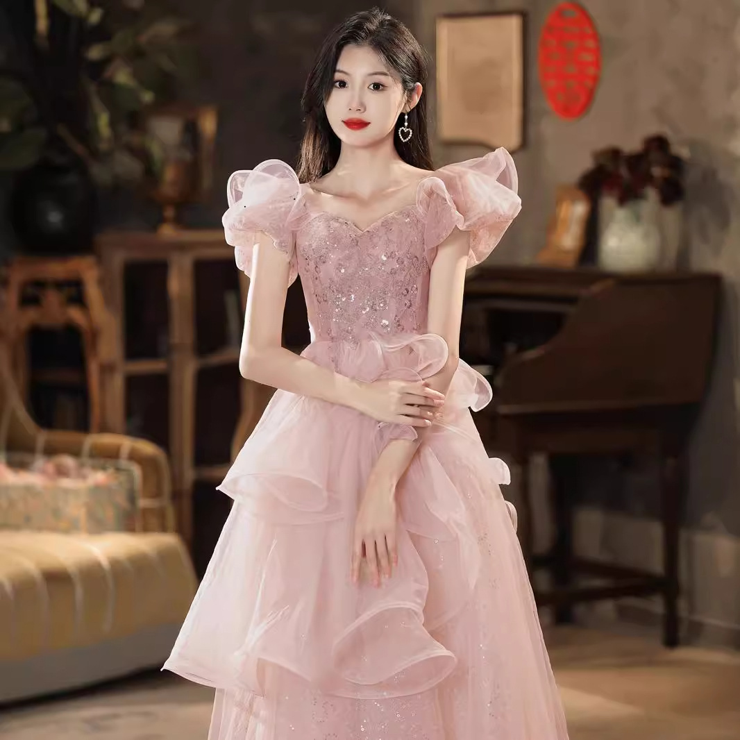 Vestido de noche estilo francés para mujer, nuevo modelo 2026, elegante estilo socialité, para presentaciones, exámenes de arte, súper elegante, color rosa hada, para banquetes de compromiso