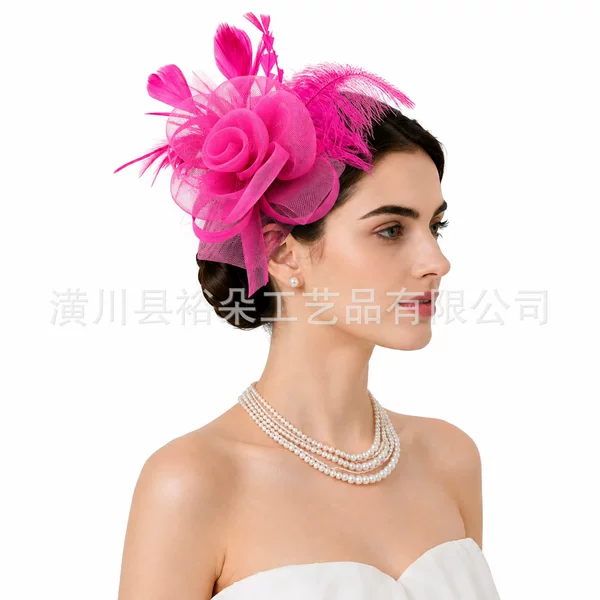 Amazon's best-selling European and American bridal mesh feather headpiece for parties and performances, women's hair clip headpiece, horse racing festival hat
