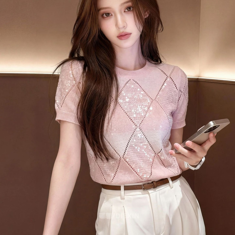 2026 New Summer Style Gentle Style Hollow-Out Sequined Diamond-Pattern Short-Sleeved Pink Knitwear Women's Versatile Work Clothing Top 2026 New Summer Style Gentle Style Hollow-Out Sequined Diamond-Pattern Short-Sleeved Pink Knitwear Women's Versatile Work Clothing Top