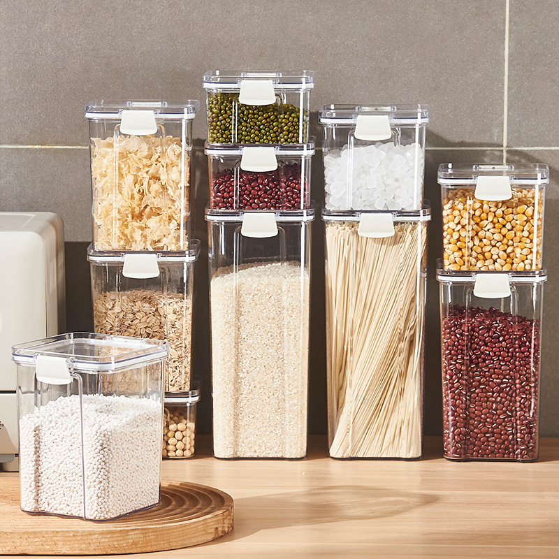 Plastic Kitchen Airtight Storage Jar for Grains, Nuts, Candies and Dry Goods, Square Transparent with Clasp