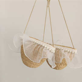 2025新款麦秸秆珍珠包简约大气欧根纱纯手工草编女童宝宝斜跨包包