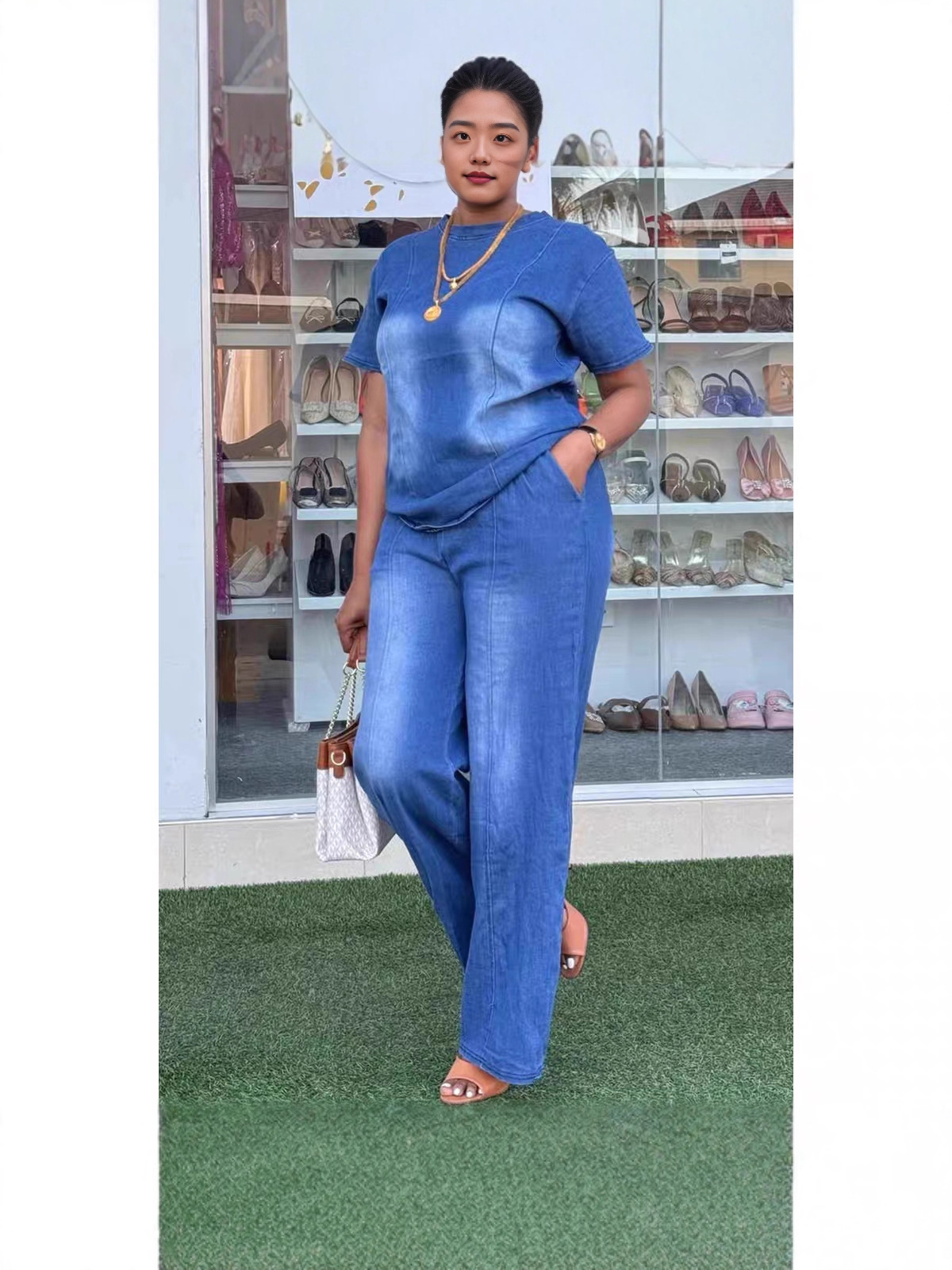 European and American Foreign Trade Cross-Border Aliexpress Amazon New Fashion Washed Blue Loose Short-Sleeved Denim Women's Suit Trendy 2