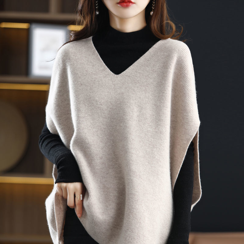 Otoño e invierno nuevo chaleco de talla grande con cuello en v manga batwing color sólido todo partido sin mangas suelto chaleco de mujer de punto exterior image 9
