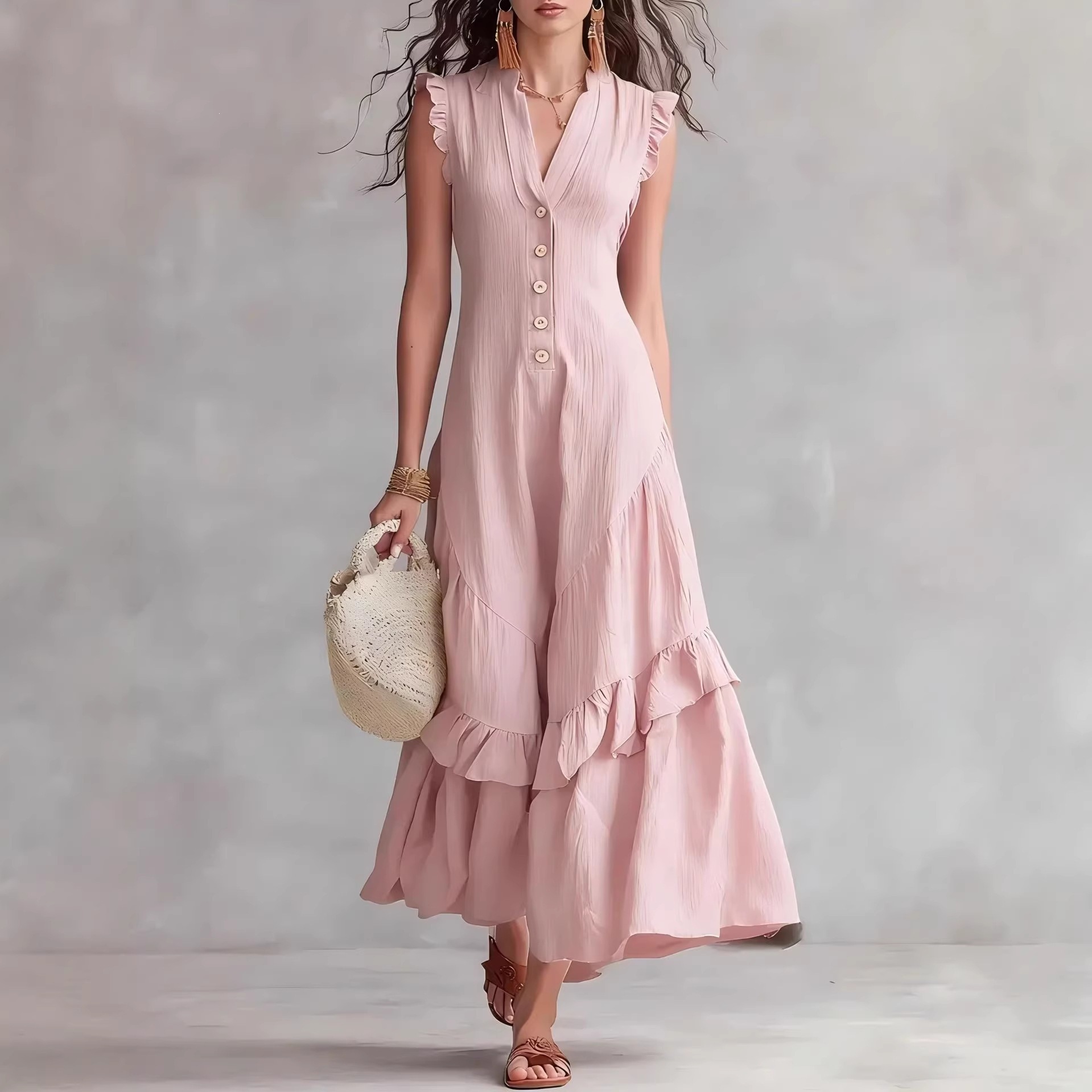 2026夏季跨境欧美新款气质优雅极简棉麻无袖连衣裙女亚马逊独立站