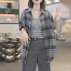大码女装翻领设计感格纹衬衫今年超流行休闲宽松显瘦长袖外套潮