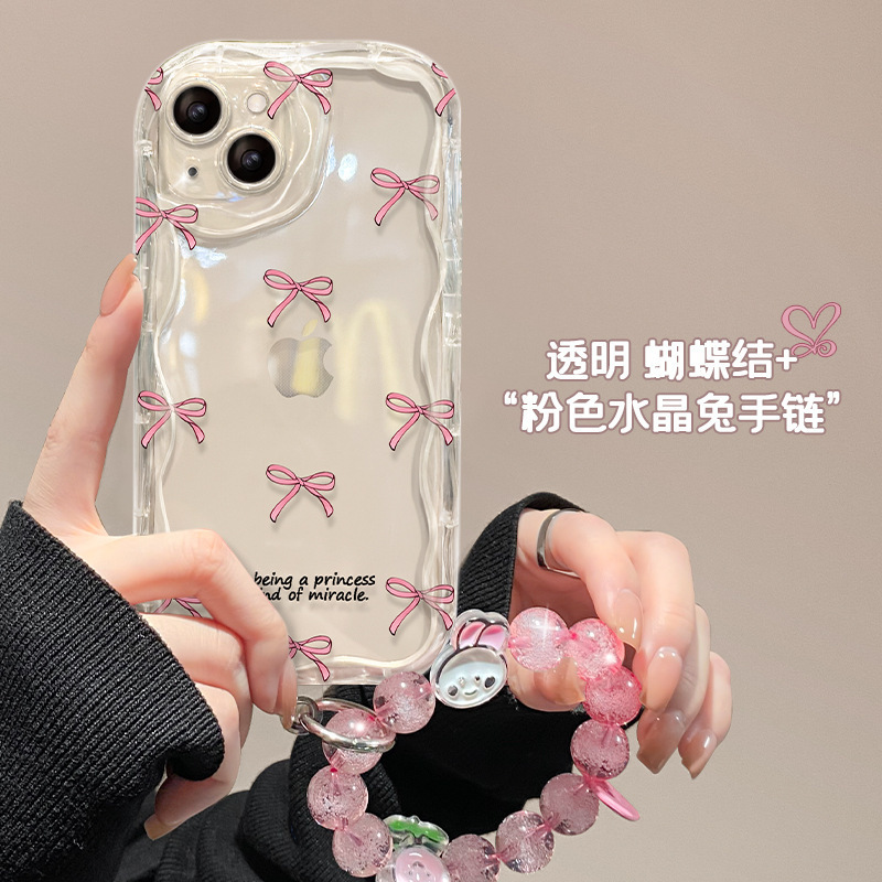 Suitable for Apple 17Promax Mobile Phone Case Iphone14/13 Pink Bow Bracelet 11/12 Transparent Silicone XS