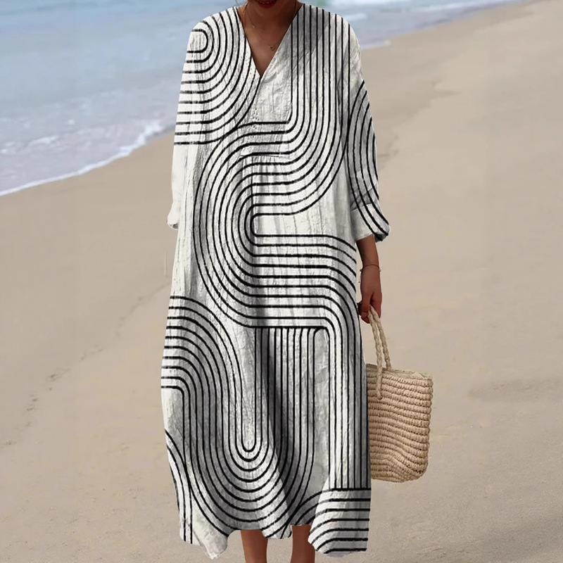 Cross-Border Independent Station Amazon E023 Long-Sleeved Shirt Dress Women's Casual Floral 3D Printed Sleeve Long Skirt