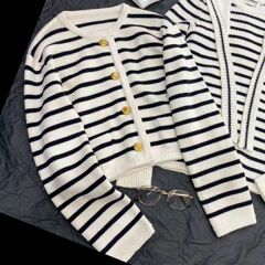 金のボタンは色のストライプの丸首の小さい香風のニットのカーディガンの女性の春秋のフランス式のゆったりしている短いタイプの外でセーターのオーバーを掛けます。
