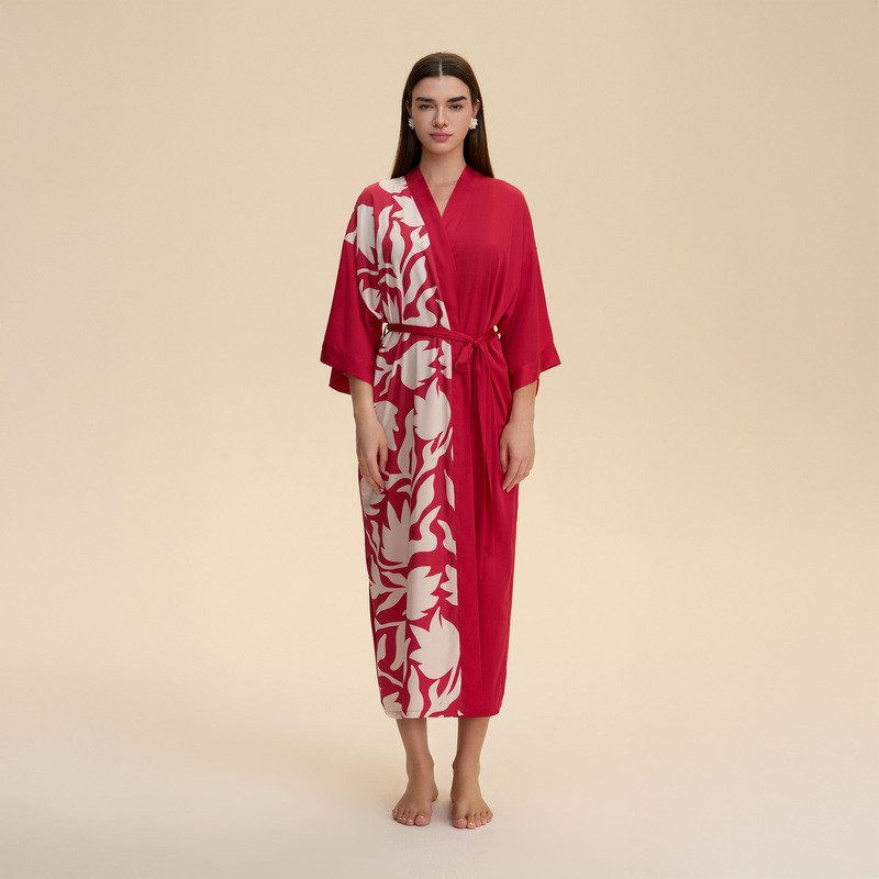 New Cross-Border Plus Size Pajamas for Women Soft Satin Chiffon Kimono Collar Bathrobe Long Women's Home Wear Wp3975
