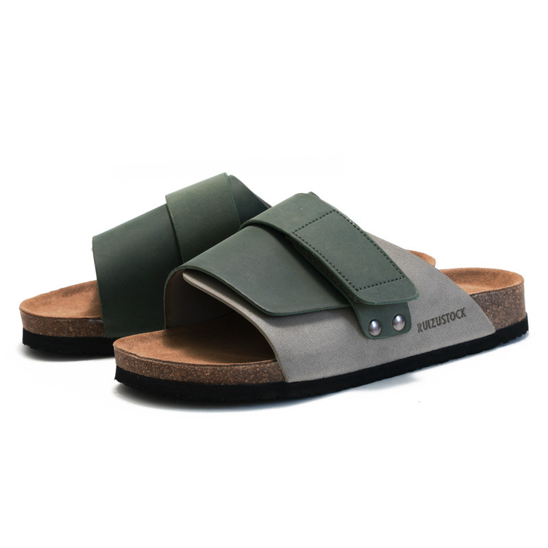 RUIZUSTOCK autumn summer men's Cork slippers men's beach student sandals and slippers water pine leather frosted