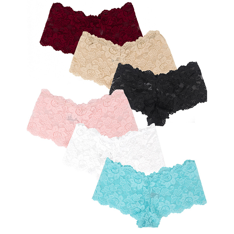 Fabricante exporta ropa interior femenina de talla grande, calzones tipo bóxer sexys de encaje jacquard con cintura media-baja, entrepierna de algodón acolchada, 6 colores