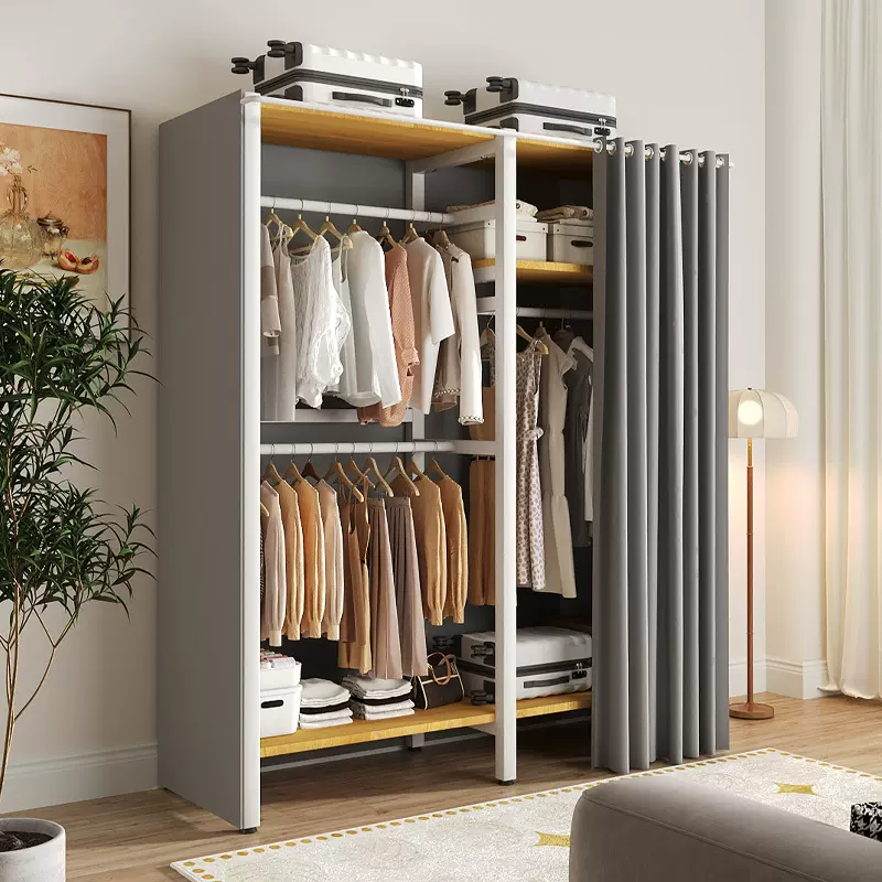 简易衣柜结实耐用钢木组合衣柜出租房钢架结构金属布衣柜家用卧室