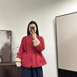 新中式立领盘扣棉衣女冬季复古禅意夹棉外套宽松文艺棉麻短款棉服