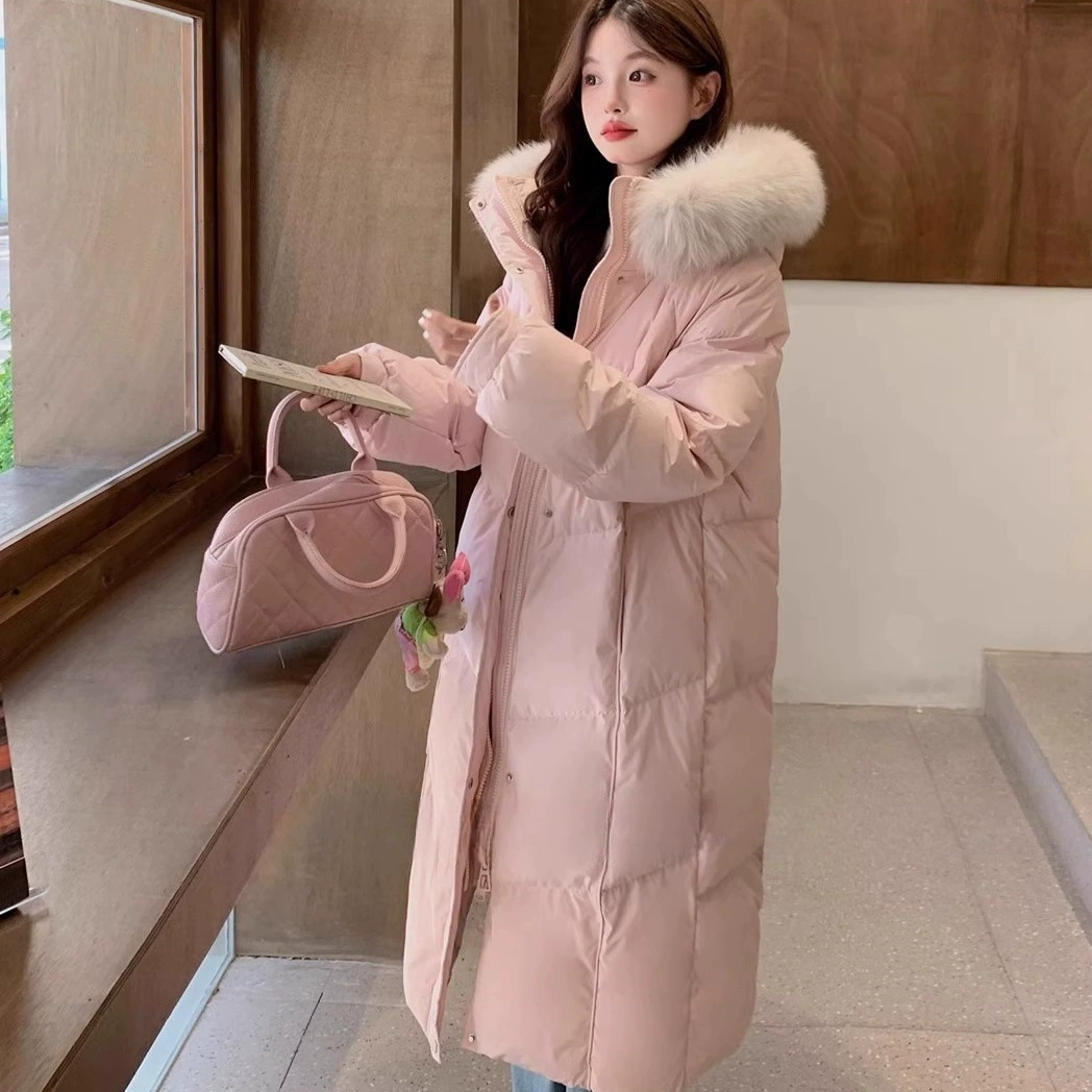 Высококачественный женский пуховик из гусиного пуха, женский пуховик средней длины выше колена 25, зимний популярный дизайн, свободный пуховик с воротником из лисьего меха в стиле k