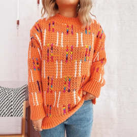 跨境亚马逊秋冬新款彩色条纹格子撞色可爱风针织套头衫休闲毛衣女