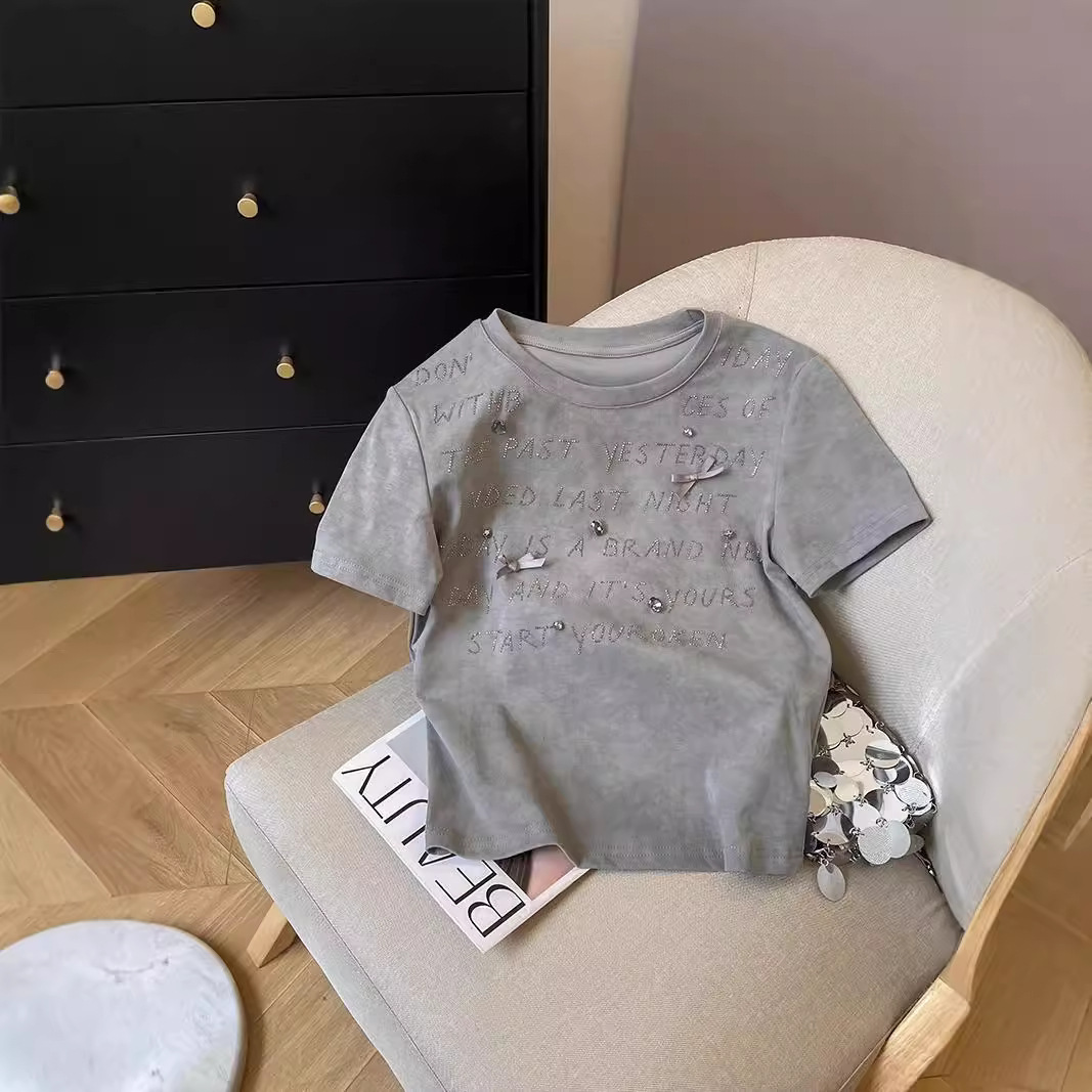 Chic Short-sleeved T-shirt Women's Summer New Shoulder Slim-fit Korean Style Korean Style Chic High-end Round Neck Shoulder Top