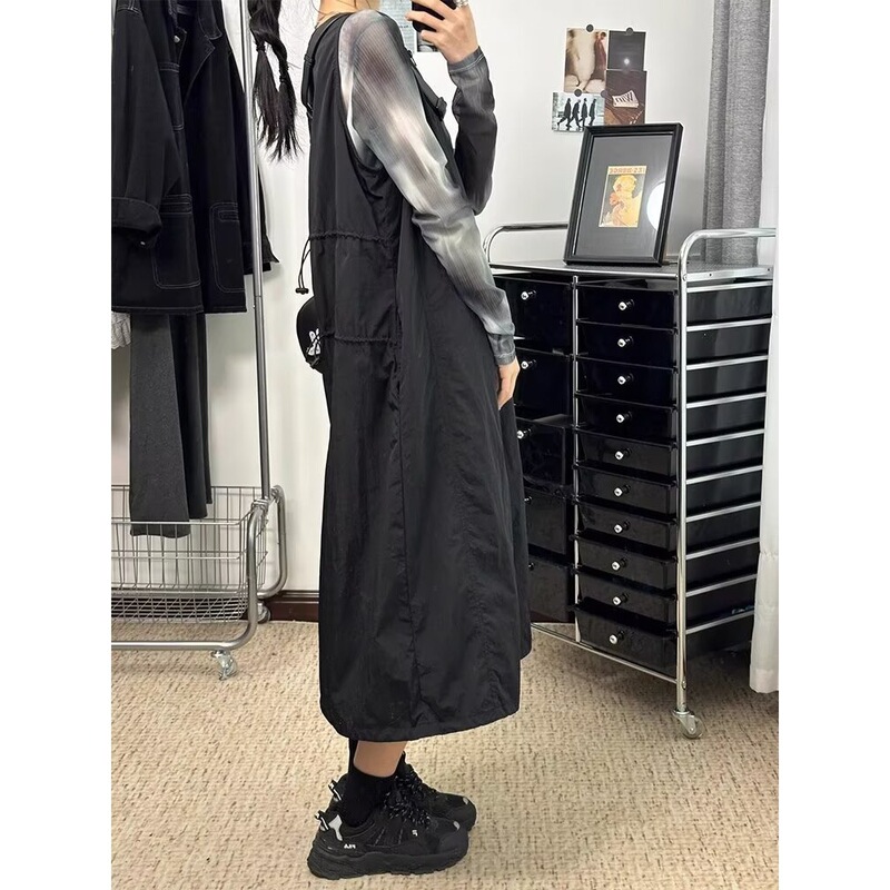 Plus-Size Black Functional Workwear Summer Long Dress with Suspenders, Pear-Shaped Tank Dress with Zipper, New Style, Tummy-Concealing