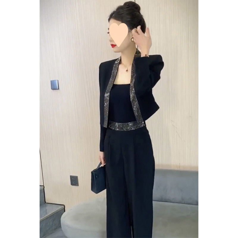 2025年春季网红新款时尚套装女法式轻奢重工烫钻西服+显瘦阔腿裤|undefined