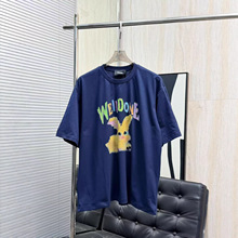 W家美式复古渐变兔子图案短袖 男士oversize藏青色圆领体恤