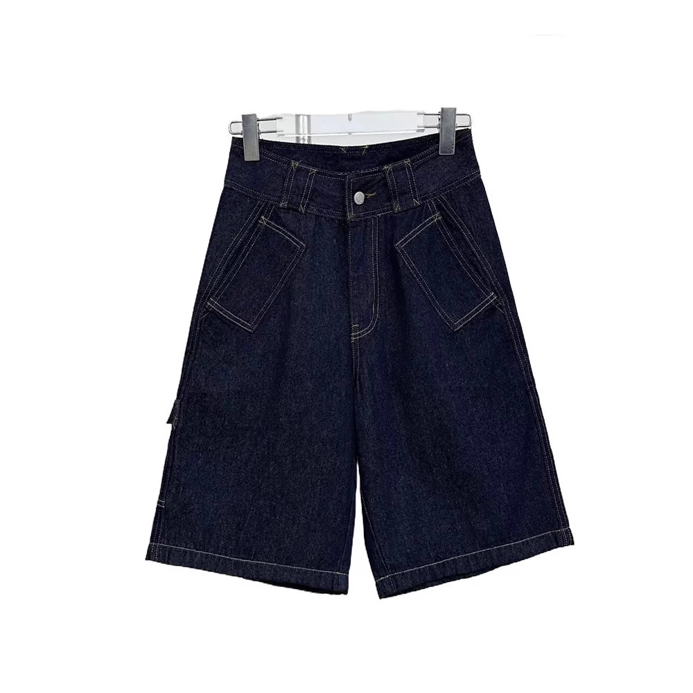 Ouyang Contrasting Color Denim Shorts for Women, Summer Thin Loose Straight Five-Point High-Waisted Slimming Retro Pants