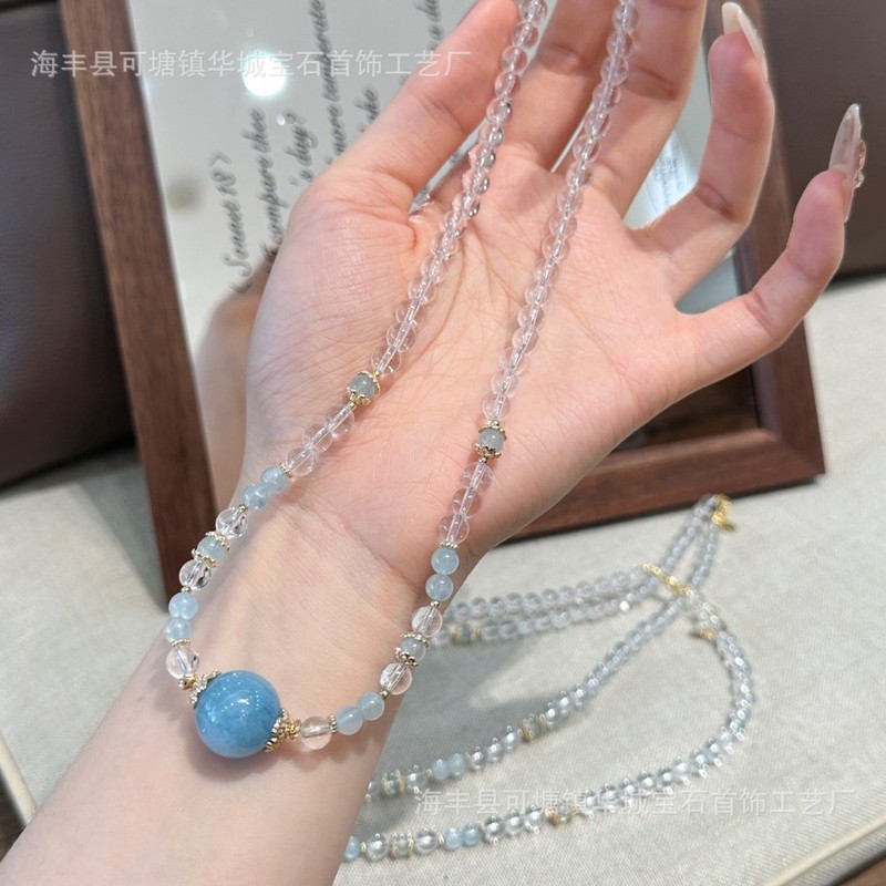 天然冰种海蓝宝紫水晶蓝水翡翠项链夏日风白水晶珍珠南红水晶项链|undefined