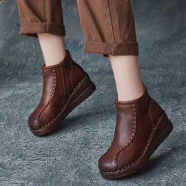 2024秋冬新款英伦风手工圆头牛皮高帮单靴女软面软底坡跟厚底靴