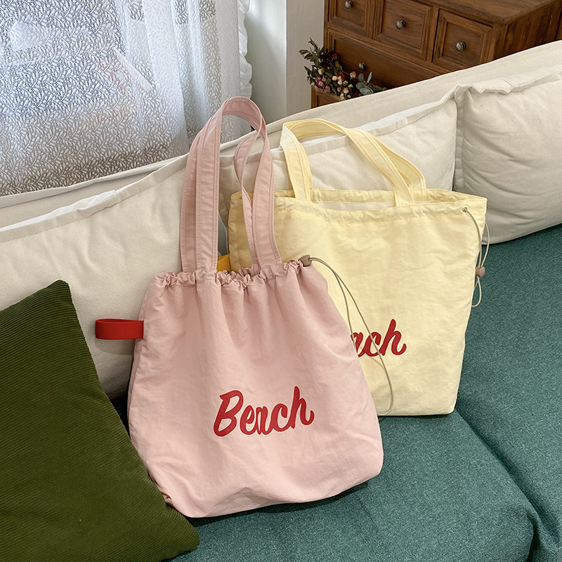 Multicolor South Korea Beach Letter Printed Nylon Shoulder Bag Casual All-match Portable Drawstring Large Capacity Tote Bag