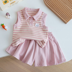 幼稚園ベビー夏韓国風かわいいストライプベスト t + プリーツかわいいピンクショーツ女の子ポロシャツセット
