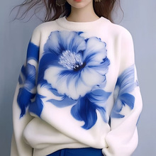 多巴胺秋季穿搭白色独特洋气印蓝花朵毛衣艺术生奶乖成熟御姐上衣