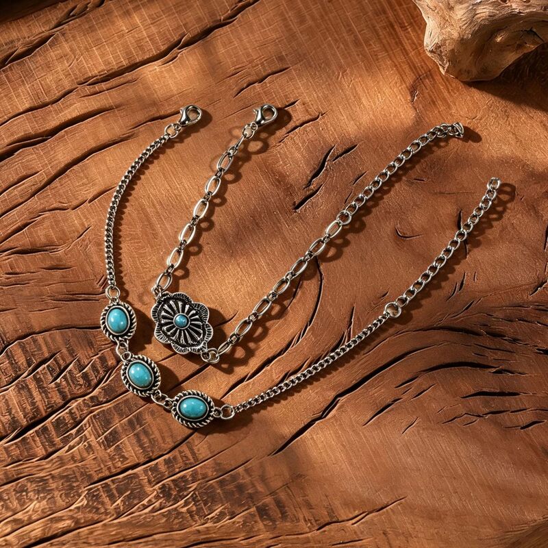 European and American cross-border Bohemian turquoise bracelet, light luxury niche vintage water drop flower jewelry set for women wholesale
