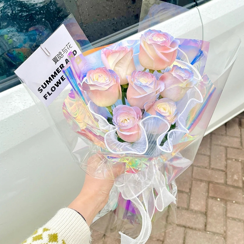 Color brillante película láser transparente paquete de papel de embalaje de flores espesado impermeable color teñido flores vidricola material de florista
