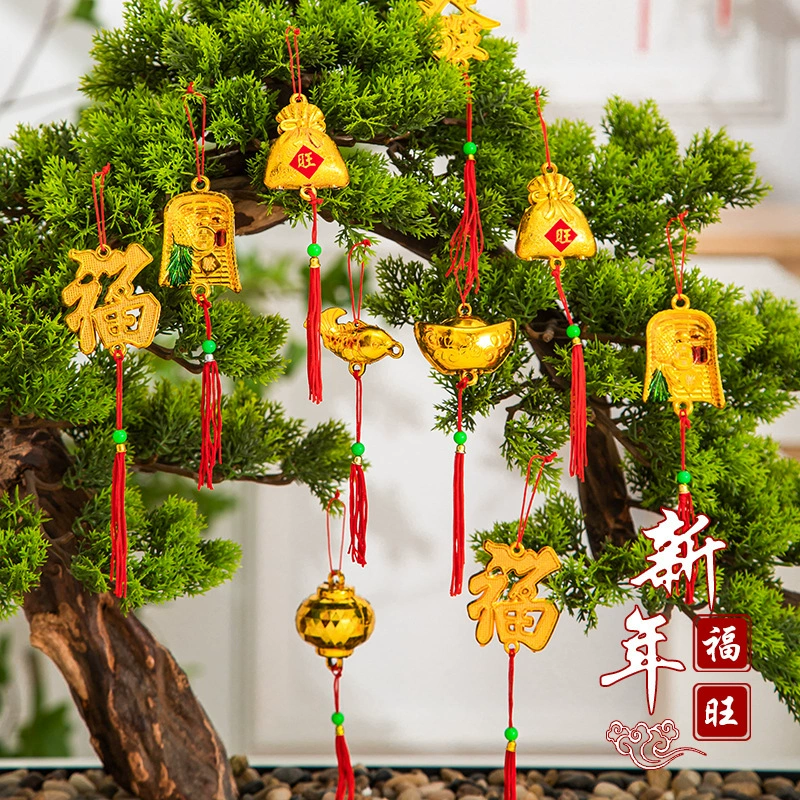 Новогодние украшения для новоселья, золотые подвески из фольги для Праздника весны, создание новогодней атмосферы дома, подвесные украшения для бонсай, праздничные декорации.