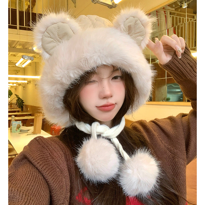 Bonito oso orejas gorra de peluche para mujeres otoño y invierno cara pequeña gorra de vello gruesa para montar en bicicleta a prueba de viento