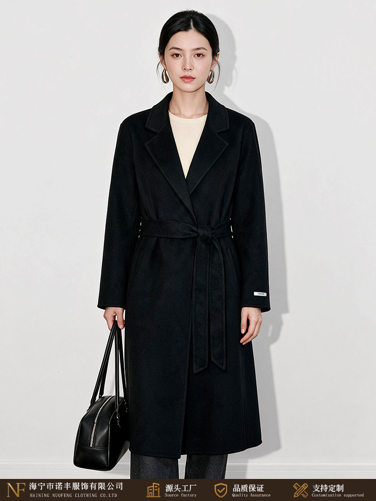 Simple blazer-collar tie-waist double-sided wool coat for women, navy blue slim-fit professional style woolen coat