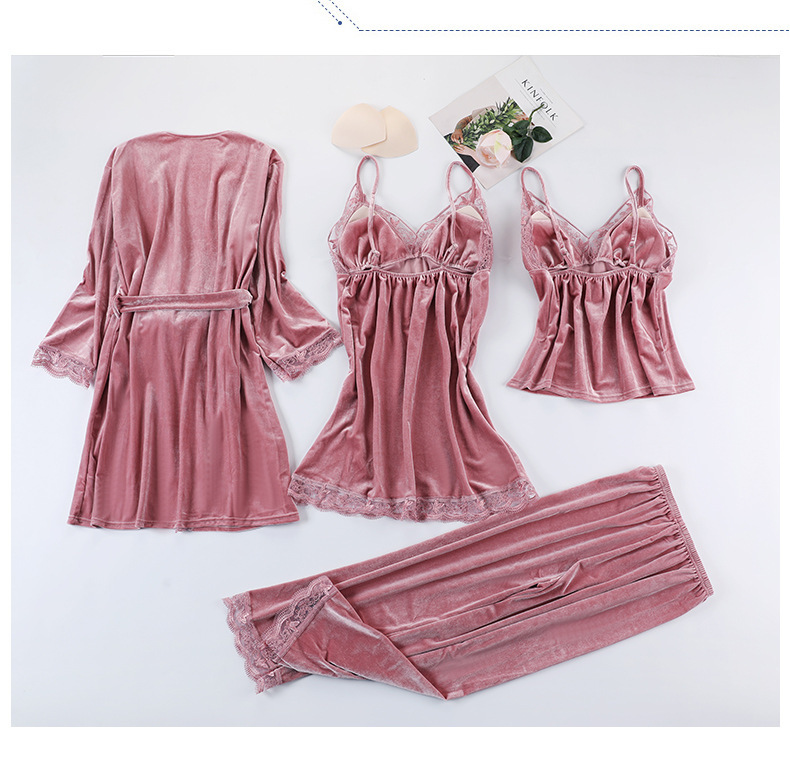 Fraen nei Hierscht a Wanter Gold Samt Pyjama Hosenträger Véierdeel Kostüm Fra Versuchung Sexy Charmant Dammen Heemkleeder Kostüm_voghion.com