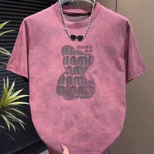 2025 Summer New Men's Bear Rhinestone Short-Sleeve T-Shirt Top Round Neck Versatile Casual Fashion Light Luxury Trend