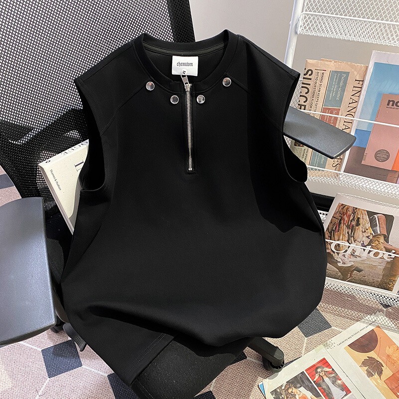 2025 Half-Zip Sports Vest Men's Z Style Summer High Street Handsome Design Sleeveless T-Shirt Fitness Training Sweatshirt