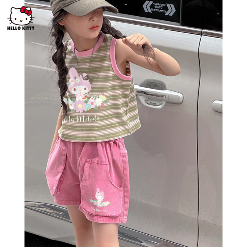 ガールズサマーメロディーIPストライプノースリーブTシャツセット2025新作中大型子供用2点セット|undefined