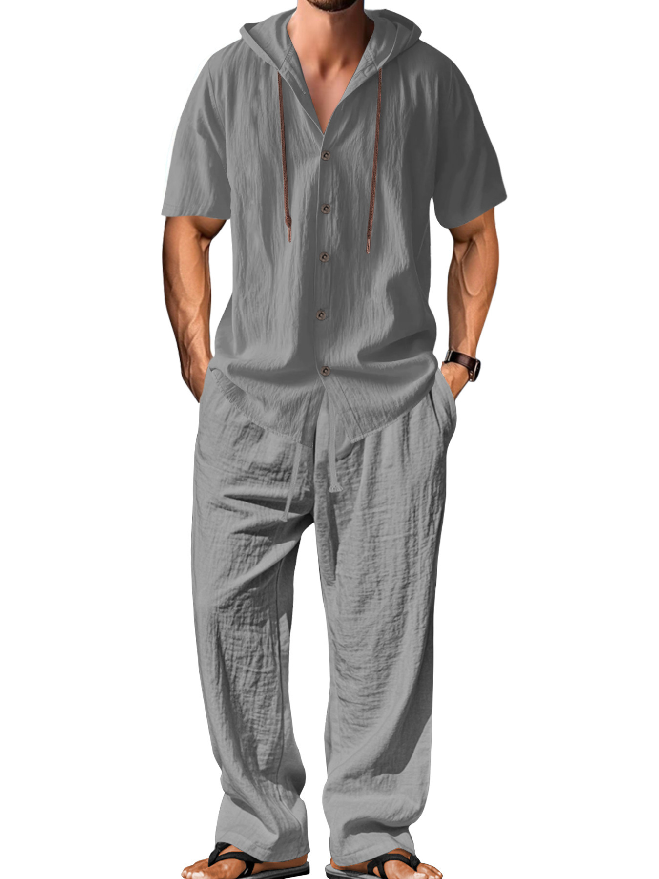 Transfronterizos Amazon Europa y Estados Unidos hombres trajes deportivos casuales con capuzas camisas de mangas largas de algodón y lino sueltas pantalones largos trajes para hombres