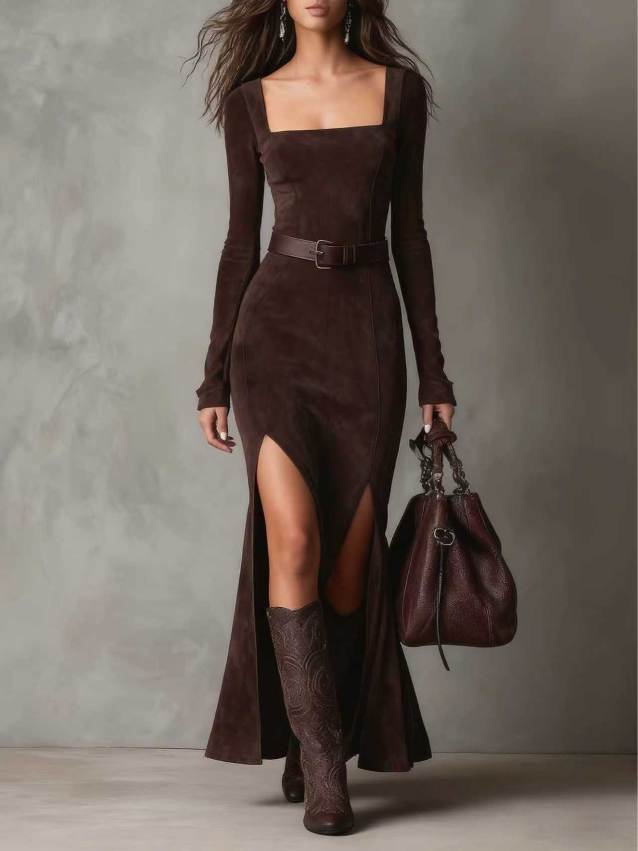 8110 Autumn/Winter Slim Fit Zipper Square Collar Long Dress With Split_ecoleips.com