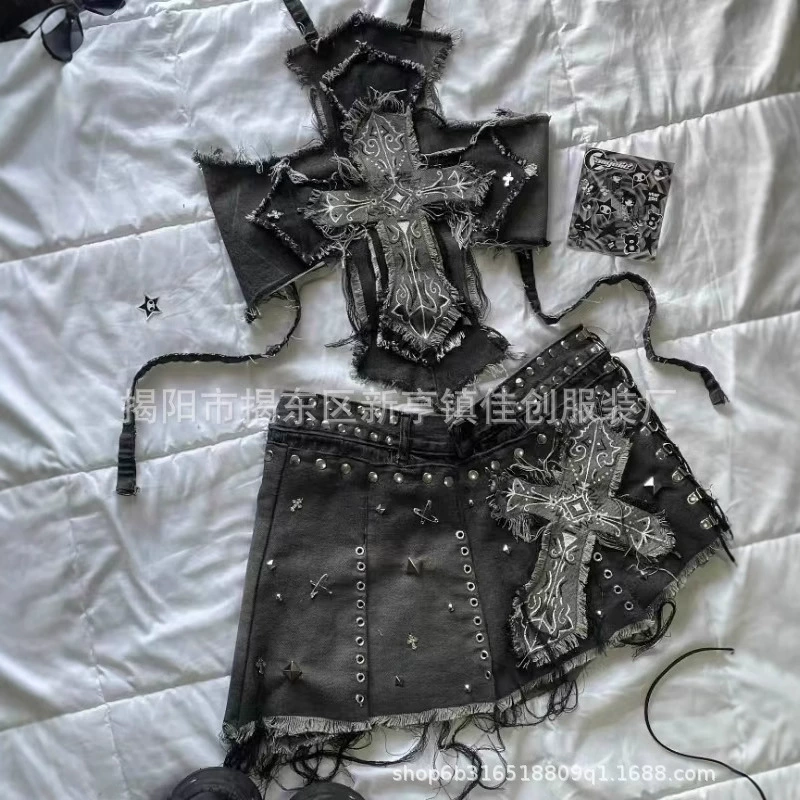 Премиум Чувство Горячая девушка юбка трансграничное тысячелетнее лето два комплекта крест джинсовая подтяжка набор юбки