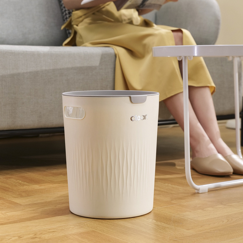 Round Embossed Trash Can, New Model, Cream Color, High Aesthetic Value, for Home Kitchen and Living Room, Plastic, Direct from Manufacturer