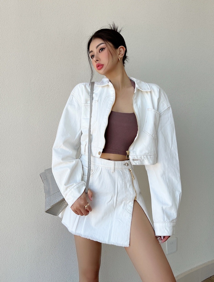 Autumn 2025 New Versatile Commuter Lapel Short Zipper Denim Jacket with Side Slit Skirt Two-Piece Set
