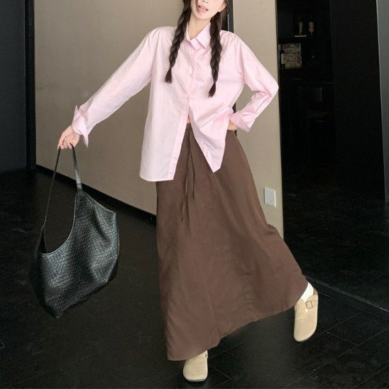 韩系新款设计感粉色翻领单排扣长袖衬衫女装秋季半身裙长裙两件套|undefined