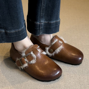 [Chengdu Wind] Sheep Fur One Birkenth Shoes Women's Winter fleece-lined New Flat Wool Cotton Shoes Retro Loafers