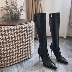 钎金鸟长筒靴白色女2025年新款秋冬季尖头靴子细跟高跟鞋高筒长靴
