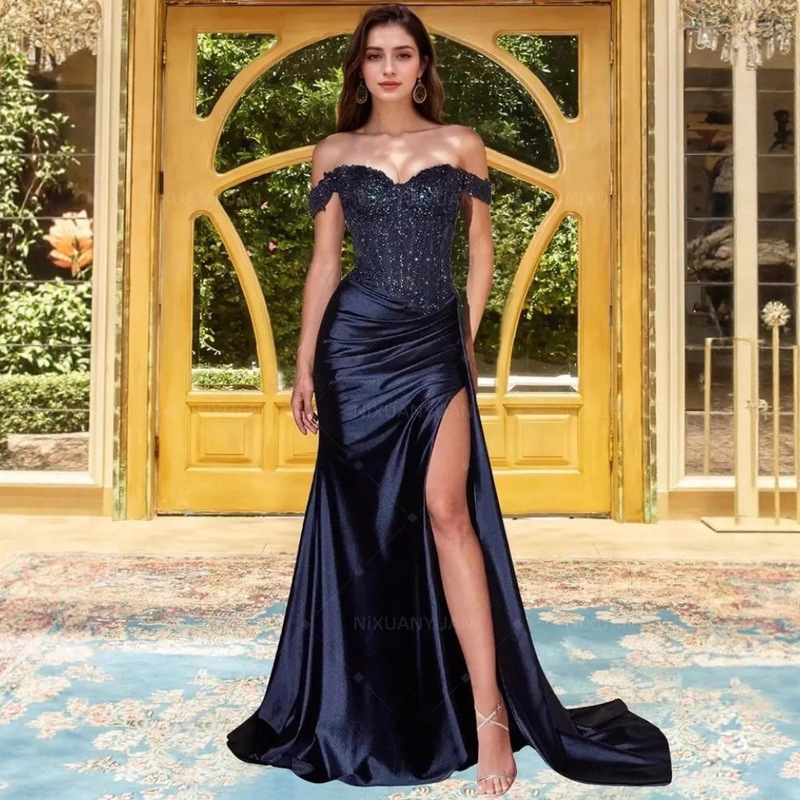 Navy Blue Satin Prom Dresses Strapless Off the Shoulder Slit Evening Gowns Pleated Robe De Soiree Special Occasion