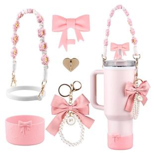 Pink Stanley Ornaments Valentine's Day Stanley Cup Accessories Set Water Bottle Handle Strap Siliocone