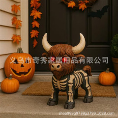 跨境Fall Skeleton Highland Cow万圣节迎接客人的高地牛家居装饰