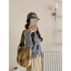秋冬毛柄ショルダーバッグinsレトロ英倫格子キャンバスバッグ大容量トートバッグ通勤バッグ女性